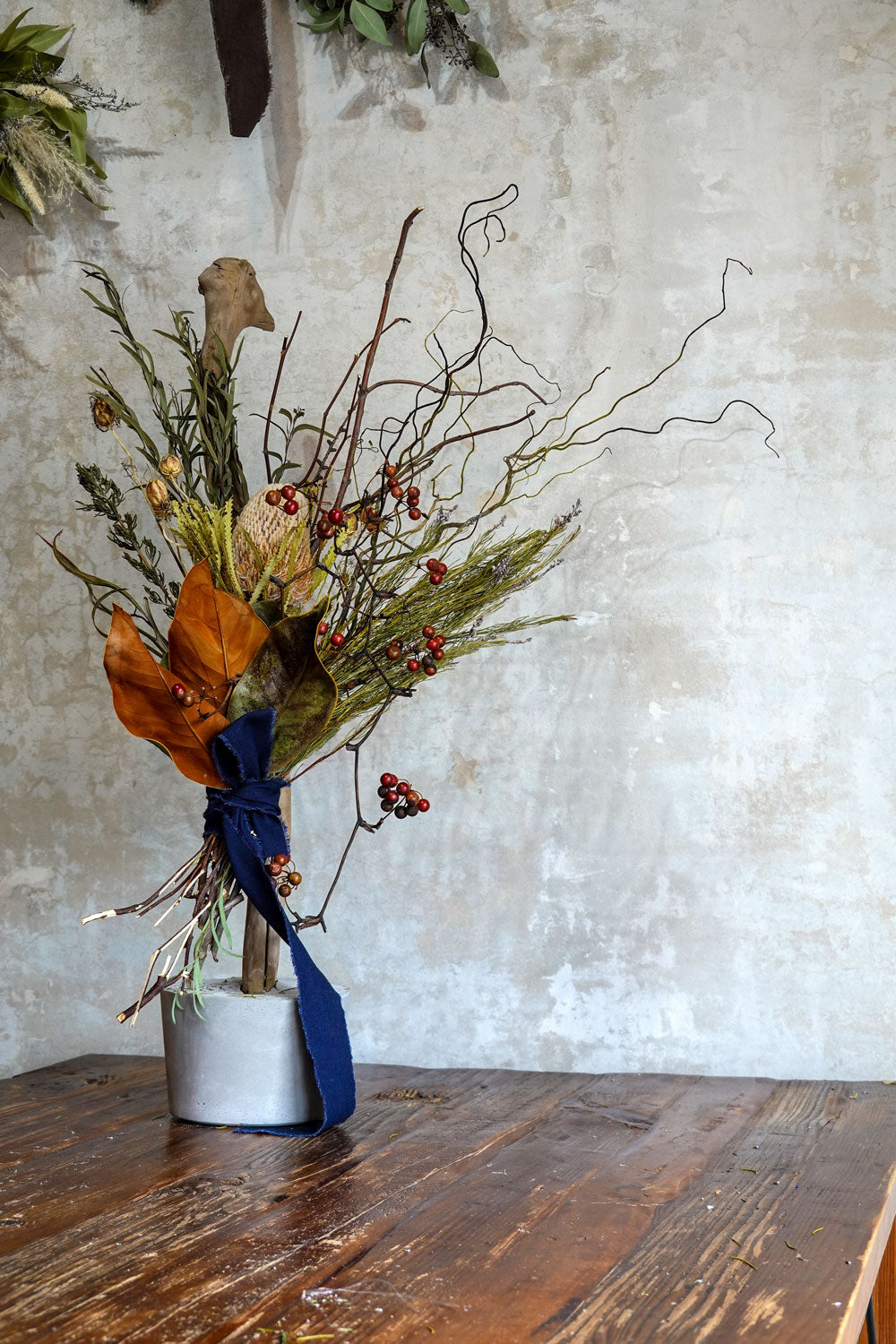 Banksia and Driftwood Cement Base Arrangement