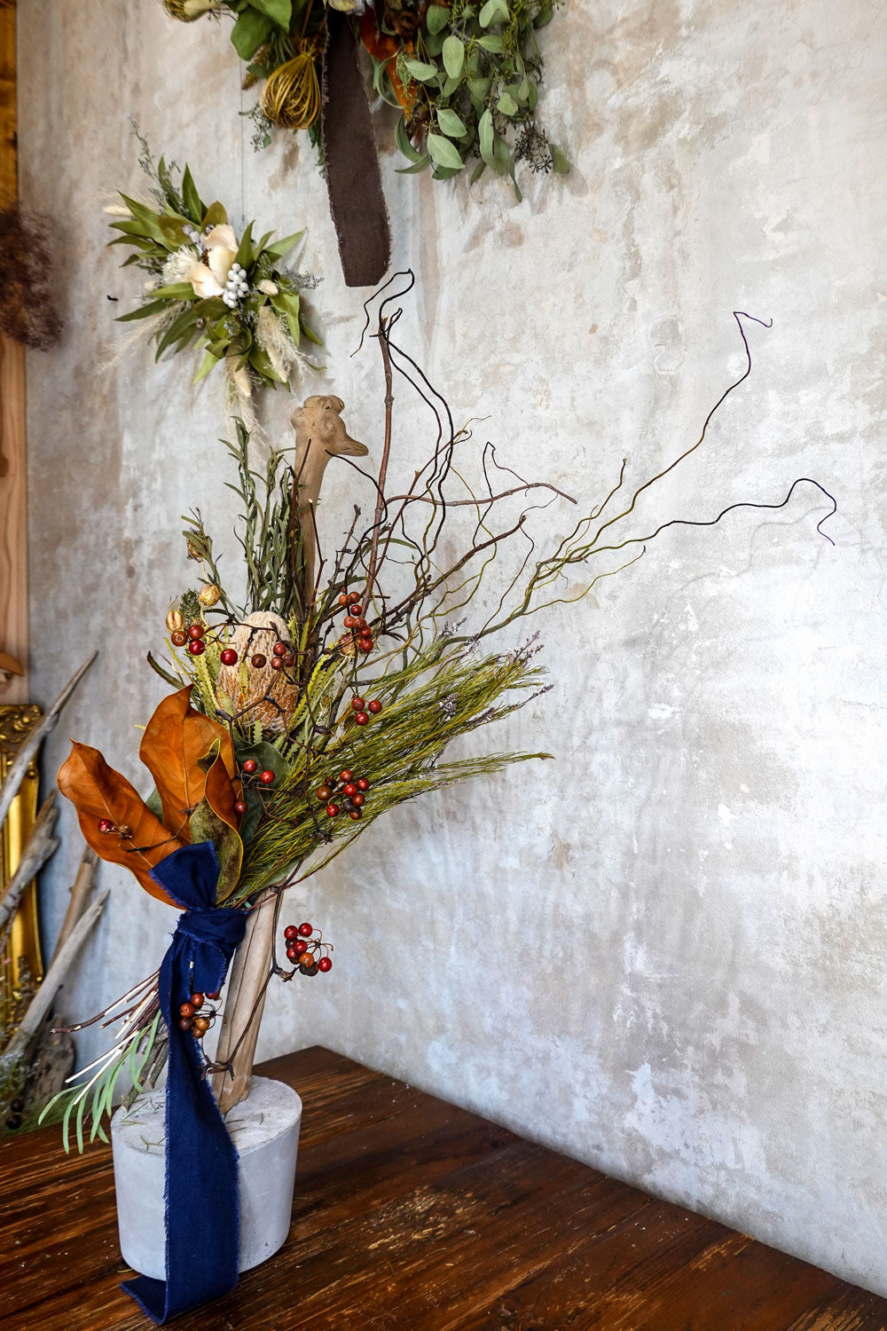 Banksia and Driftwood Cement Base Arrangement