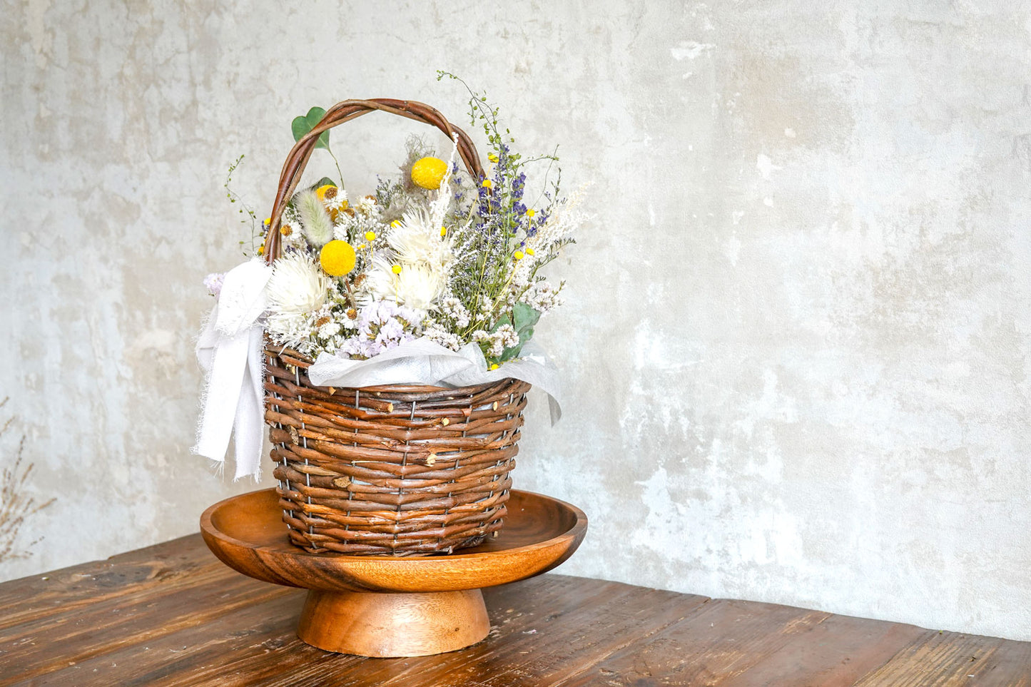 Billy button basket arrangement